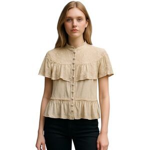NEW POL Small Beige / Cream Blouse Embroidered Eyelet Capelet Peplum BOHO